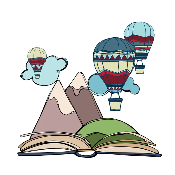 Libro con globos de aire caliente y montañas — Vector de stock