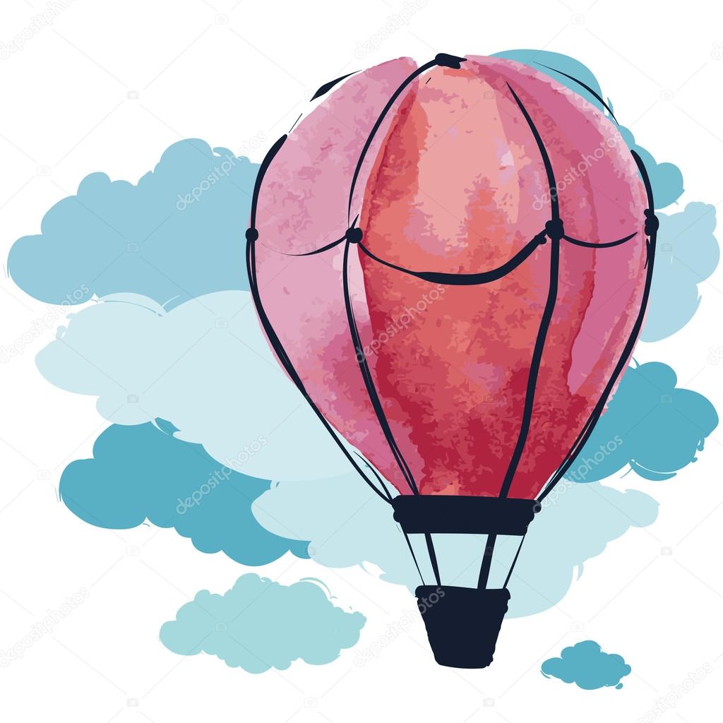 Watercolor hot air balloon in sky