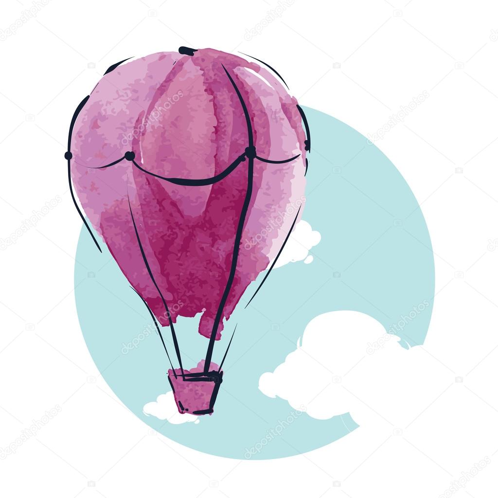 Watercolor hot air balloon in sky