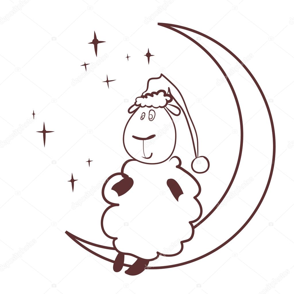 Pecore e una luna Cartone animato Contorno vettoriale dipinge per libro da colorare — Vettoriali di O ta