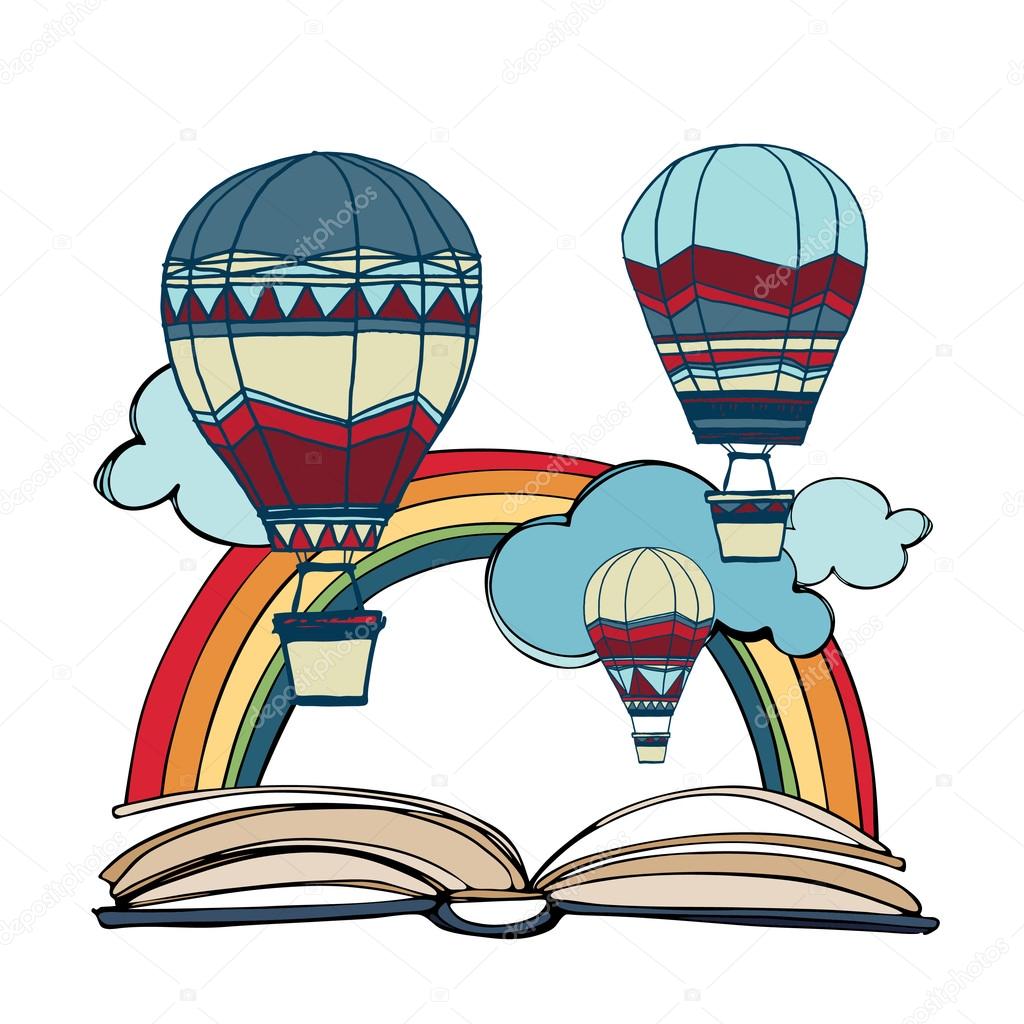 book with hot air balloons and rainbow