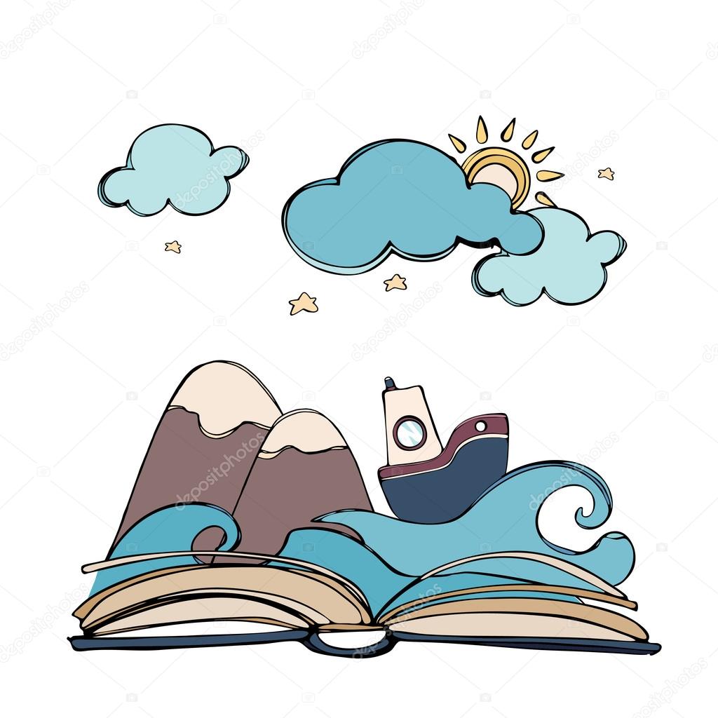 Open book with mountains and boat