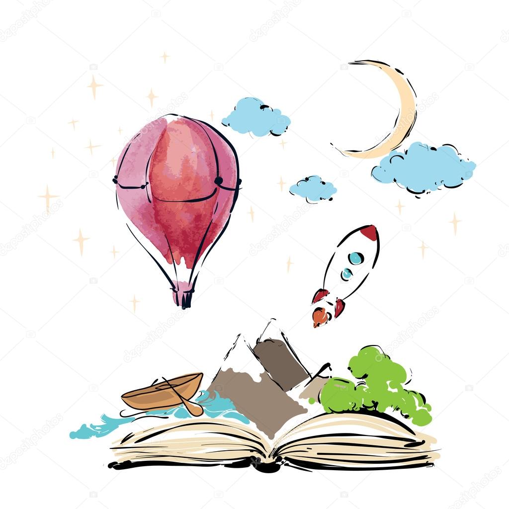 Open book with rocket and air balloon