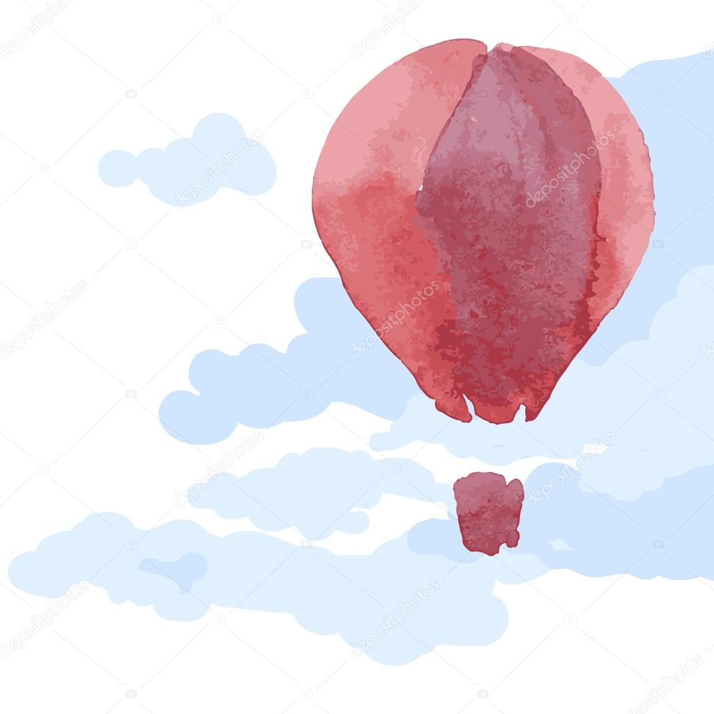 Watercolor hot air balloon in sky