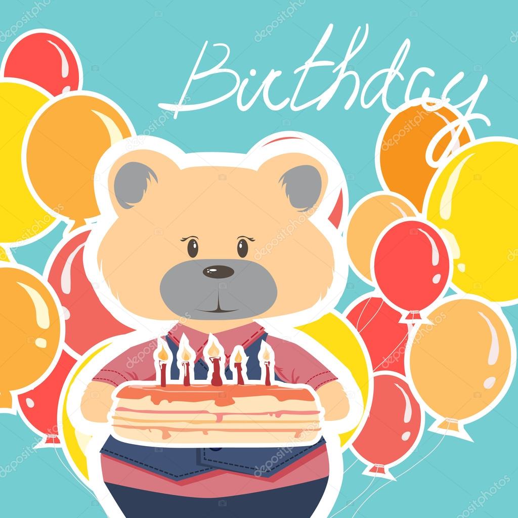 Geburtstag Grußkarte mit Bär und Kuchen — Stockvektor © O.ta 85192828