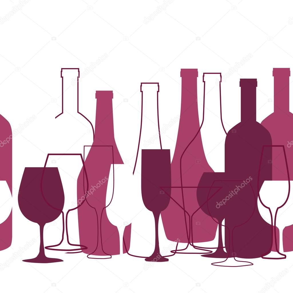 Wine list design for bar and restaurant. With bottles and glasses. Place for your text. Bottle and glass silhouette