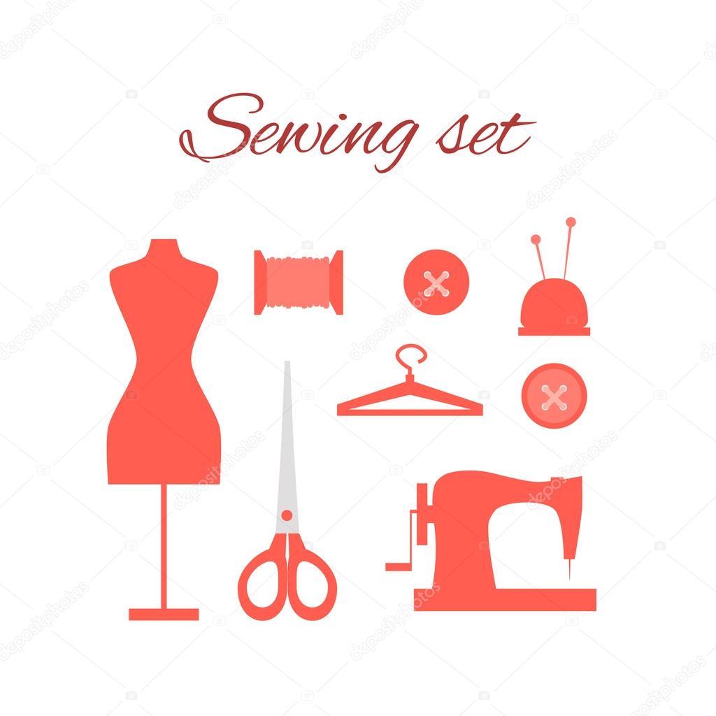 Set with icons tailoring equipment. Mannequin, sewing, sewing machine