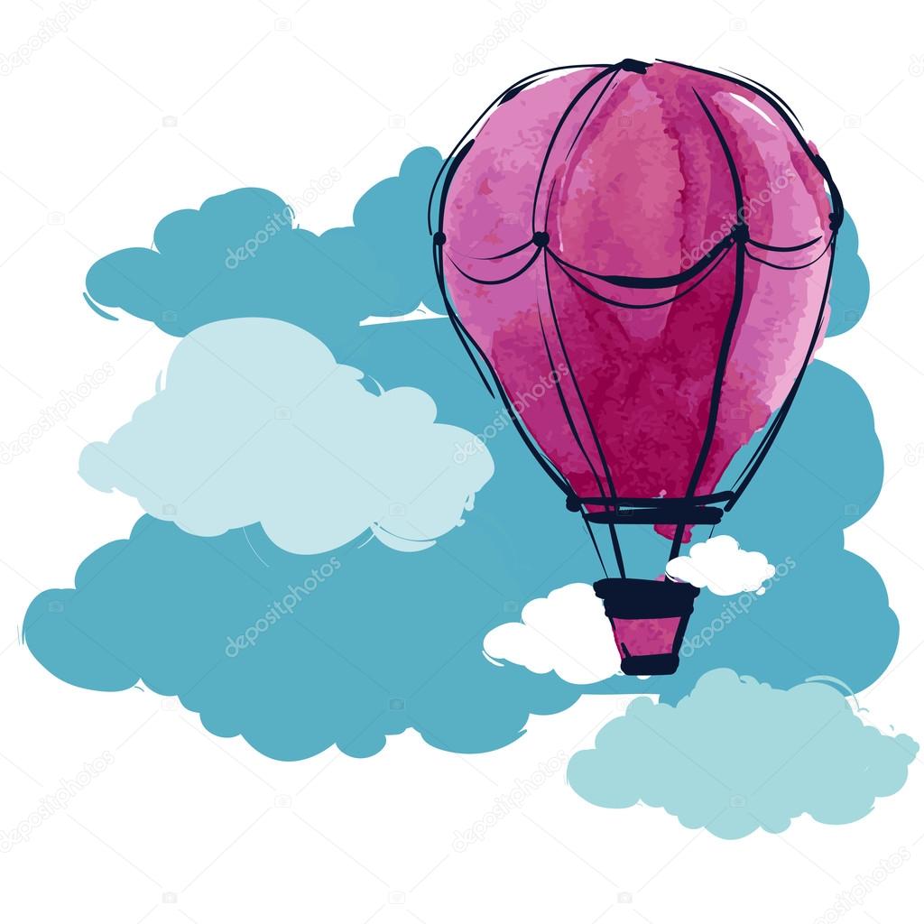 Watercolor hot air balloon in sky