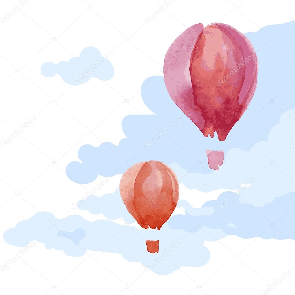 Watercolor hot air balloons in sky