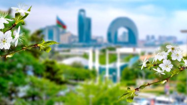 Azerbaycan 'ın başkenti Bakü' nün bulanık şehir planıyla bahar zamanı görsel teması.