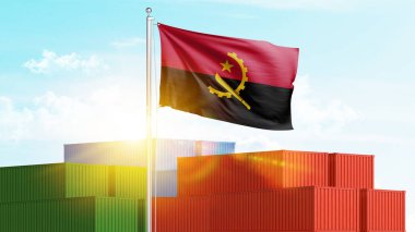 Angola bayrağı taşıyan konteynırlar. Ticari ithalat ve ihracat prodüksiyonu konsepti.