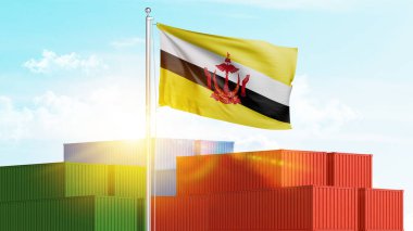 Brunei bayrağı taşıyan konteynırlar. Ticari ithalat ve ihracat prodüksiyonu konsepti.