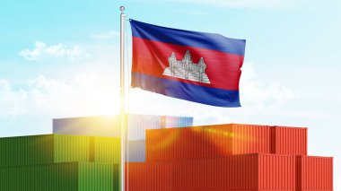 Kamboçya bayrağı taşıyan konteynırlar. Ticari ithalat ve ihracat prodüksiyonu konsepti.