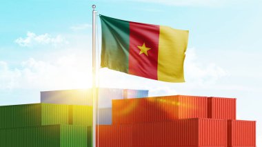 Kamerun bayrağı taşıyan konteynırlar. Ticari ithalat ve ihracat prodüksiyonu konsepti.