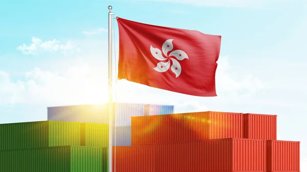 Hong Kong bayrağı taşıyan konteynırlar. Ticari ithalat ve ihracat prodüksiyonu konsepti.