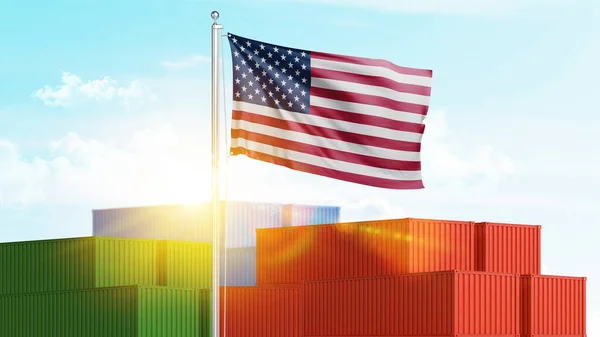 İçinde bayrak olan konteynırlar. Ticari ithalat ve ihracat prodüksiyonu konsepti.