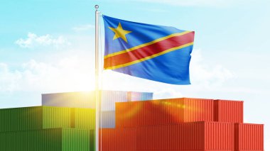 Demokratik Kongo Cumhuriyeti (DRC) bayrağı taşıyan konteynırlar. Ticari ithalat ve ihracat prodüksiyonu konsepti.