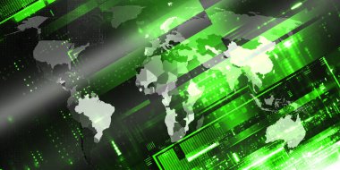 Dünya haritası arka planında dijital teknoloji şebekeleri var. Son dakika haberi. Siber ve güvenlik. İş ve siyasi konular.