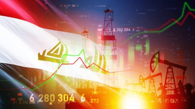 Irak bayrağının arkaplan resmi ile dinamik finansal verilerle örtüşen petrol kuyularının silüetlerini içeren yüksek teknolojili kavramsal bir illüstrasyon.