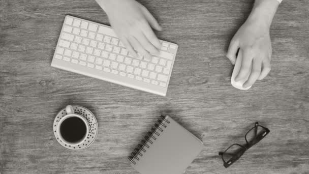 Vista aérea del hombre de negocios que trabaja en la computadora en la oficina en blanco y negro — Vídeos de Stock