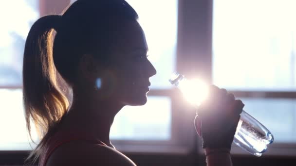 Fitness chica deportiva silueta ejercicio y beber un agua — Vídeos de Stock