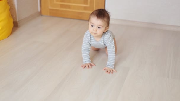 Gateando divertido bebé chico dentro en casa — Vídeos de Stock