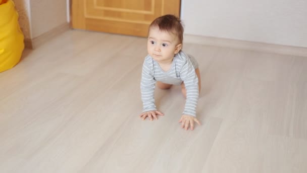 Gateando divertido bebé chico dentro en casa — Vídeos de Stock