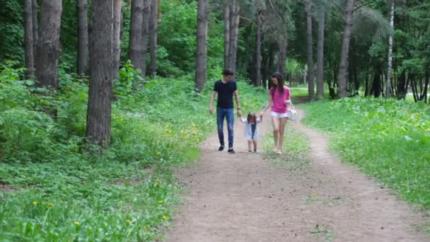 Mor og unge datter og far, en ung familie som går tur i parken om sommeren – stockvideo