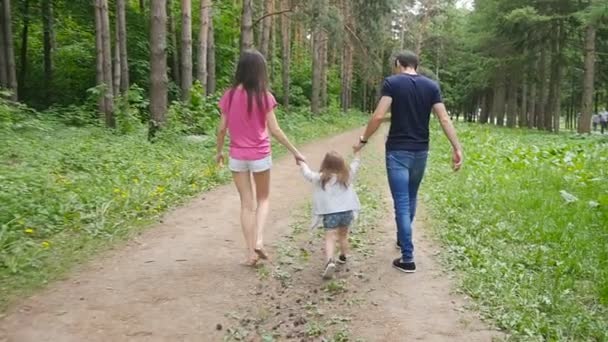 Bonito bebê menina andando no parque com os pais — Vídeo de Stock