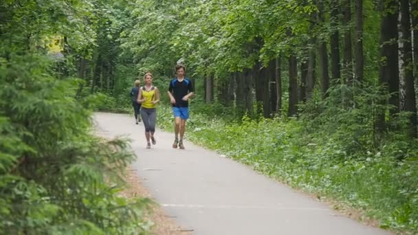Pary w wakacje jogging w lesie, slowmotion — Wideo stockowe