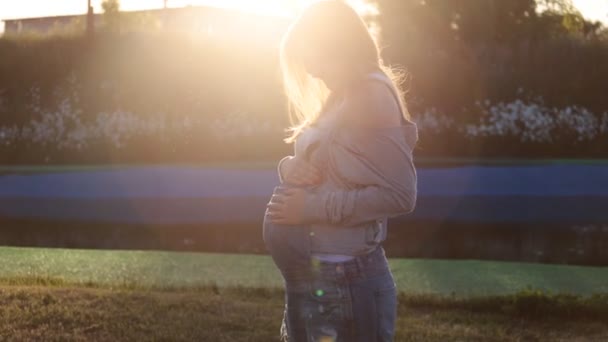 Femme enceinte dans la prairie nature d'été avec au coucher du soleil — Video