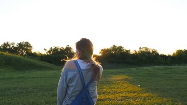 在日落时在草地上运行一个怀孕的女人 — 图库视频影像