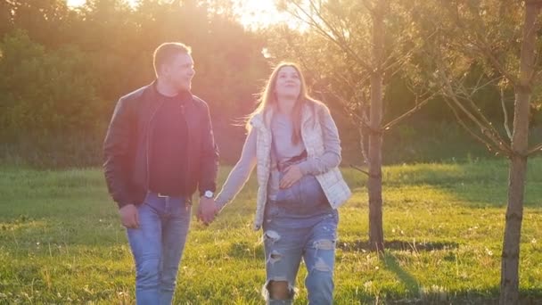 Verliebte gehen bei Sonnenuntergang auf einem Feld spazieren — Stockvideo