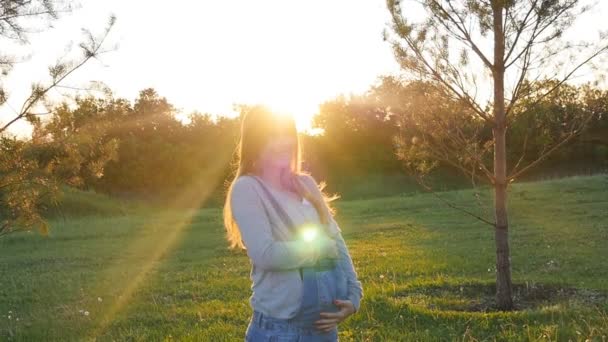 Vackra gravid kvinna på gräs — Stockvideo