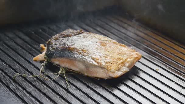 Filete de pescado rojo a la parrilla salmón en cámara lenta — Vídeos de Stock