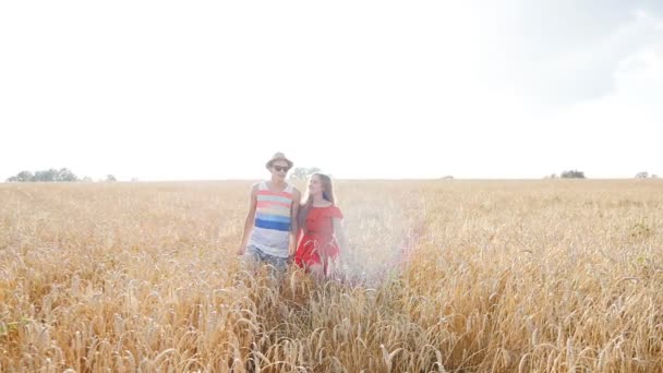 Happy young couple walking together through wheat field — Stock Video