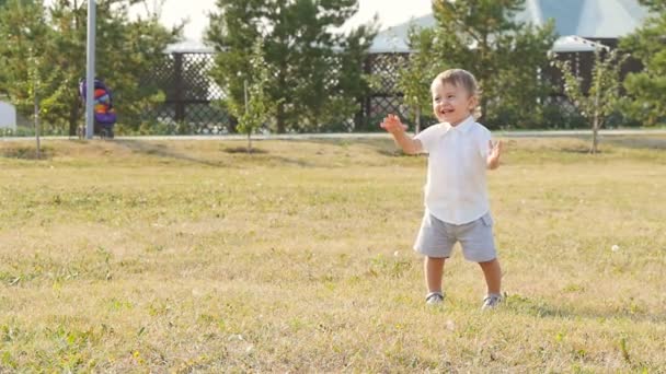 Jeune heureux petit garçon souriant saluant quelqu'un dans le parc — Video