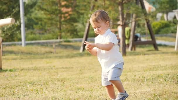 Glad liten pojke ler hälsning någon i parken — Stockvideo