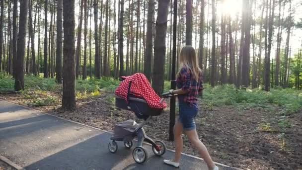 Mamma med bebis i barnvagn promenader i parken — Stockvideo