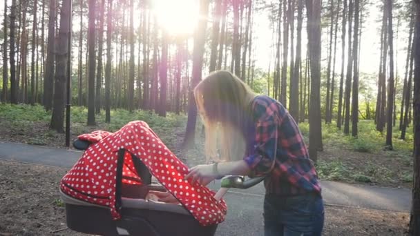 공원에서 산책 하는 유모차에 아기와 엄마 — 비디오