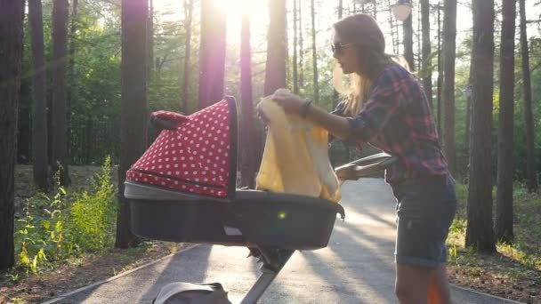 Moeder met kinderwagen in park — Stockvideo