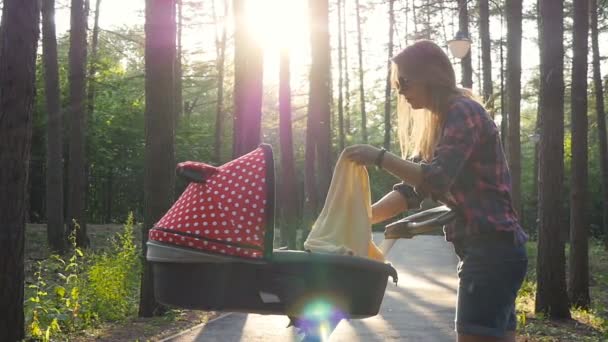 Mamma med barnvagn i park — Stockvideo