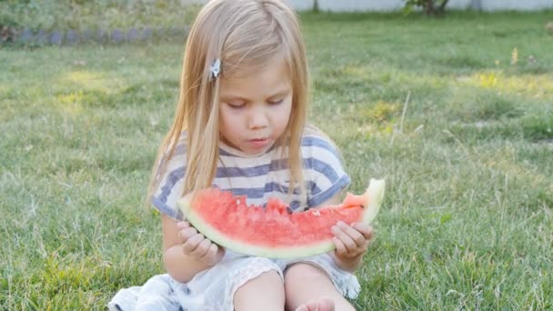 Petite fille mignonne mangeant pastèque sur l'herbe en été — Video