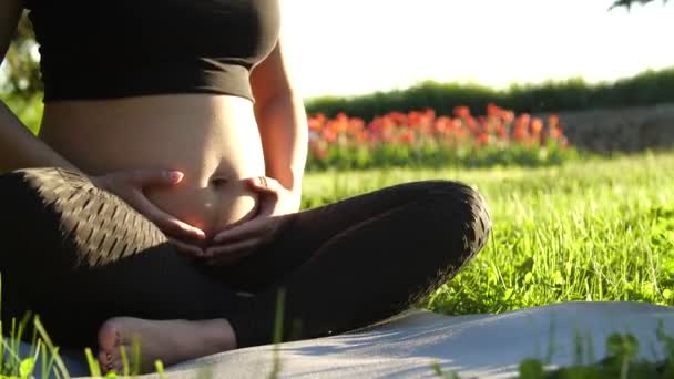 Koncepcja macierzyństwa i ciąży. Młoda kobieta w ciąży siedzi na trawie i ćwiczy fitness lub jogę w słoneczny letni dzień — Wideo stockowe