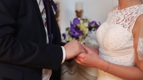 Young newlyweds couple holding hands — Stock Video