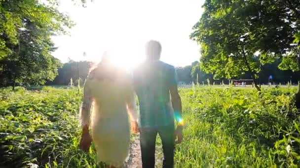 Jong paar in liefde lopen vertraagd glijden schot — Stockvideo