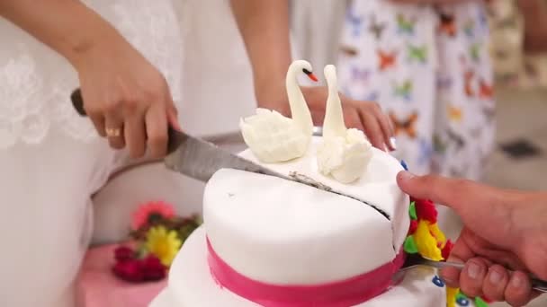 Резание свадебного торта — стоковое видео