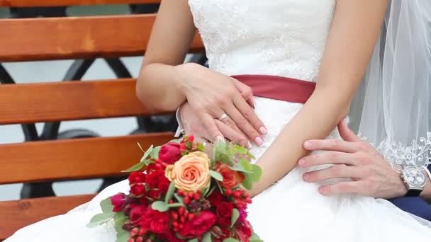Свадебная пара держится за руки — стоковое видео