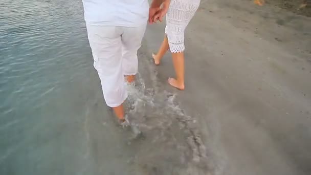 Några promenader på stranden. Unga glada rasblandat par promenader på stranden — Stockvideo