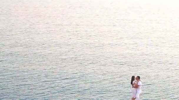 Láska pár chůzi s Bígl štěně na pobřeží moře — Stock video
